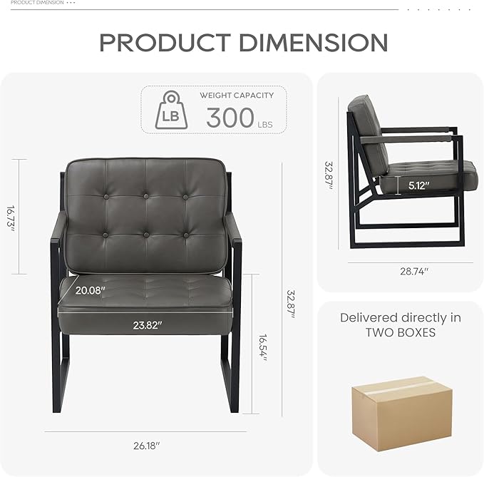 COLAMY Accent Chairs Set of 2, Modern Accent Arm Chairs for Living Room, Comfy Leather Armchairs with Metal Legs for Bedroom Reception Room, Grey