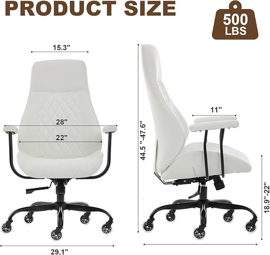 Home Office Desk Chair, Ergonomic High Back Leather Computer Chair with Lumbar Support, Adjustable Height & Recline, Swivel Executive Office Chair with Armrests and Rubber Casters, White