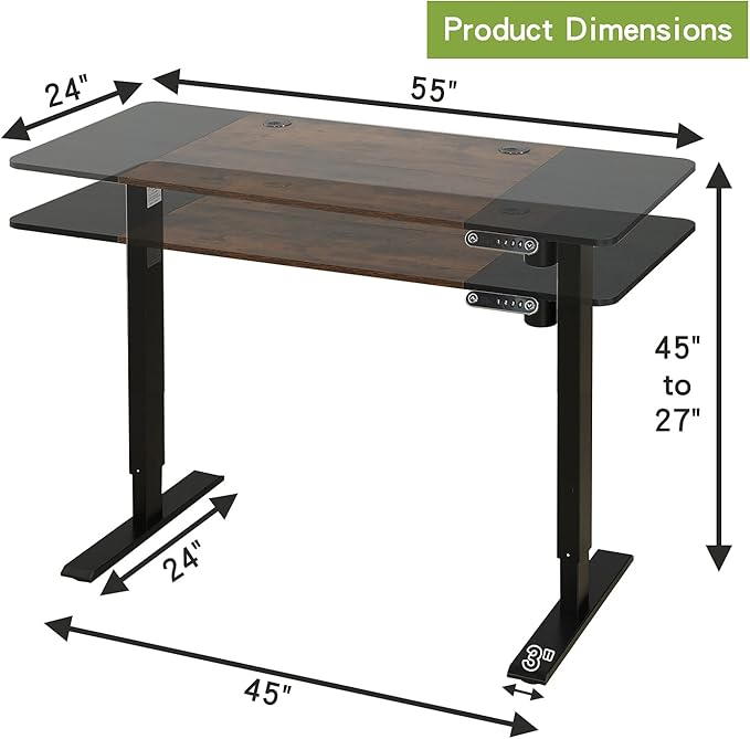 Radlove Electric Height Adjustable Standing Desk, 55 x 24 Inches Sit Stand up Workstation, Splice Board Memory Computer Table Ergonomic (Black Frame + 55" Black+Brown Top)