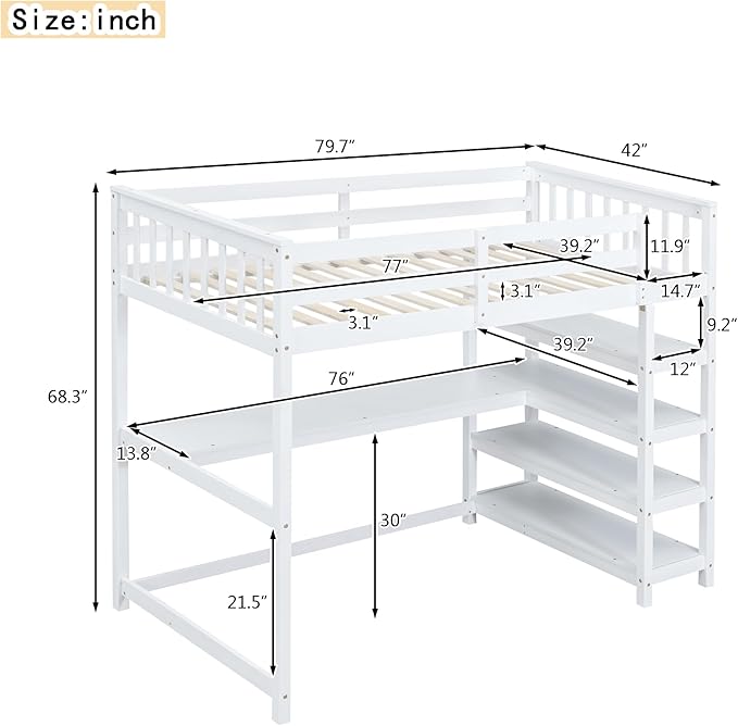 Twin Size Loft Bed with Storage Shelves and Under-Bed Desk,Bedroom Multifunctional Bed Frame w/Solid Wood Slat Support & Full-Length Guardrail,for Adult Boy Girl Teen,White