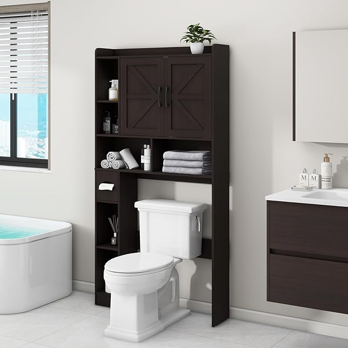 Vabches Over The Toilet Storage Cabinet, Farmhouse Storage Cabinet Over Toilet with 2 Barn Door & Toilet Paper Holder Stand,Home Space-Saving Toilet Rack, for Bathroom, Restroom, Laundry