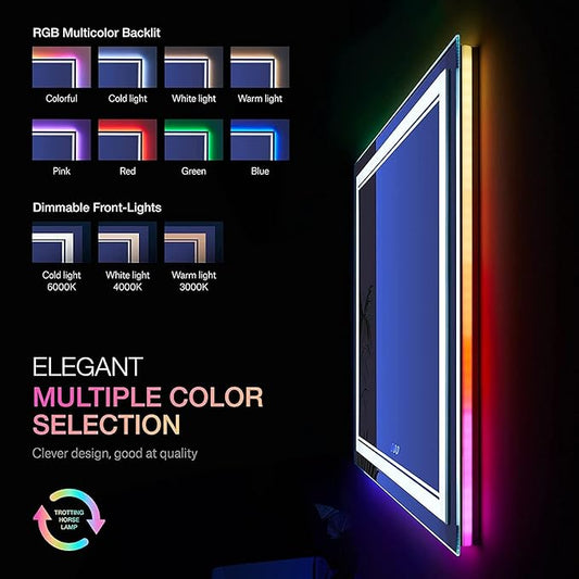 72x36 inch LED Bathroom Mirror with Lights Backlit RGB Color Changing Lighted Mirror for Bathroom Wall Dimmable Anti-Fog Led Mirror (RGB Multicolor Backlit + Adjustable Front-Lighted)
