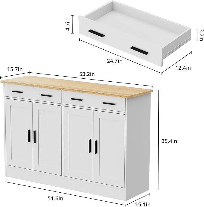 White Sideboard Buffet with 4 Doors & 2 Drawers, Accent Coffee Bar, Kitchen Cabinet for Living Room, Kitchen or Hallway