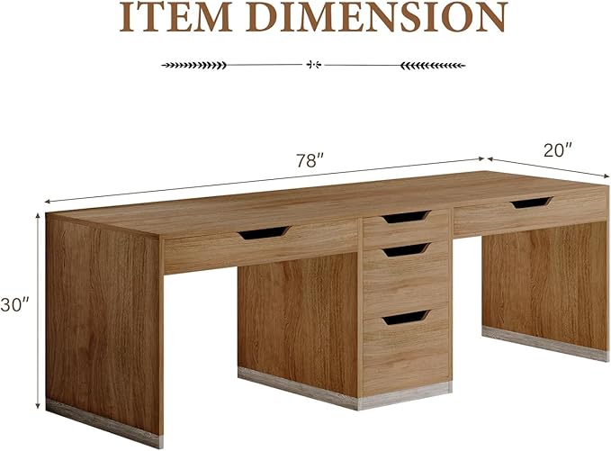 Two Person Desk with 5 Drawers, Double Desk with Storage for 2 People, 78 Inch Extra Long Computer Desk Workstation with File Drawer for Home Office, Brown
