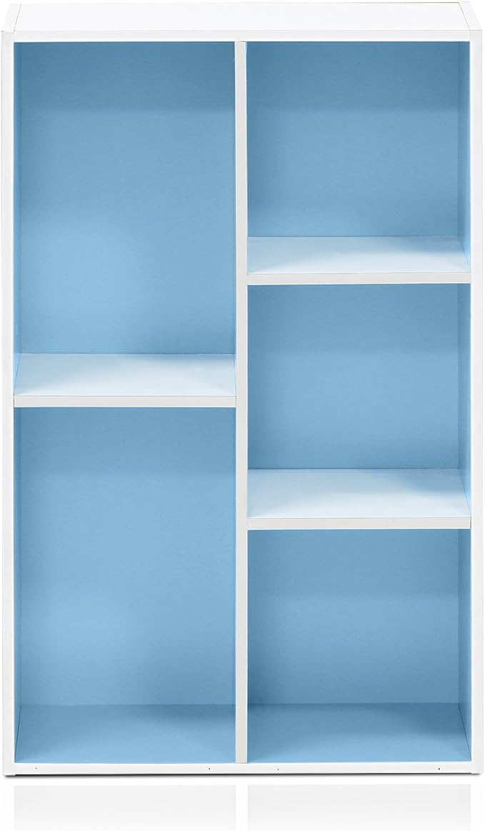 Furinno LUDER Book Shelf, 5-Cube Bookshelf, Reversible Bookcase, 9.4 x 19.5 x 31.5, for Living Room, Bedroom, Home Office, White/Light Blue