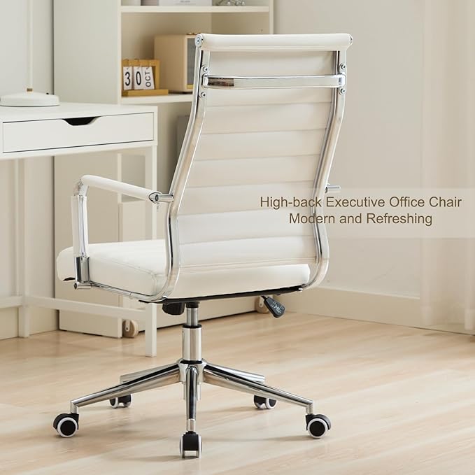 Office Desk Chair Leather, Conference Room Chairs with Wheels, Executive Modern High Back Ergonomic Swivel Rolling Ribbed Computer Chair(White)
