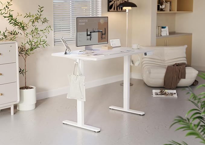 YDN Electric Standing Desk Adjustable Height, 48 x 24 Inches Stand up Desk with Cable Management, Home Office Desks with Splice Board & White Frame, White Top