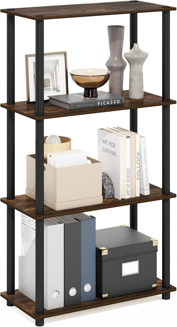 Furinno TURN-N-TUBE Storage Shelves, 4-Tier Toolless Book Shelf, Corner Shelf, Toolless Open Shelves, for Organization and Storage, Living Room, Garage, Home Office, Amber Pine
