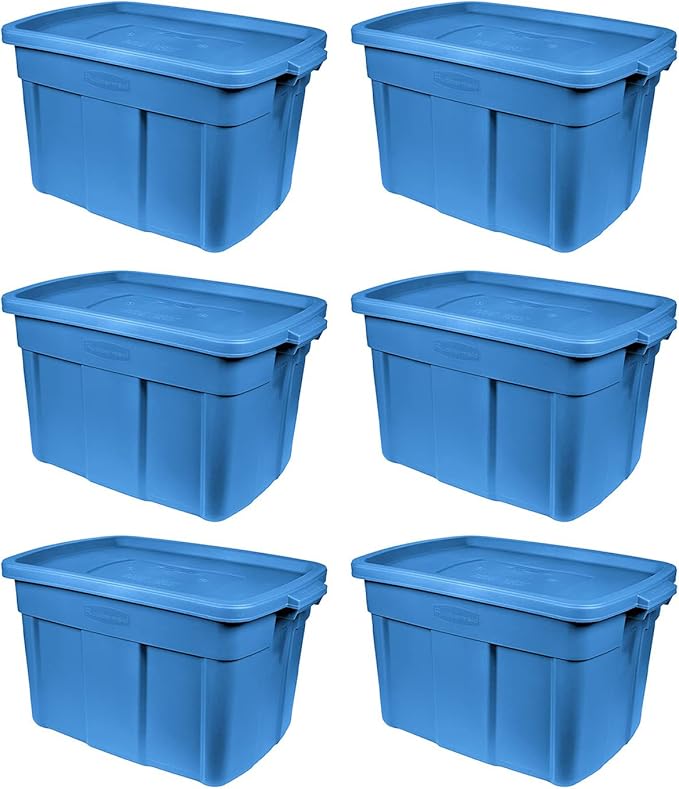 Rubbermaid Roughneck Tote 18 Gal, 6 Pack, Made in USA, Heritage Blue, Rugged Plastic Stackable Storage Bins with Lids and Handles