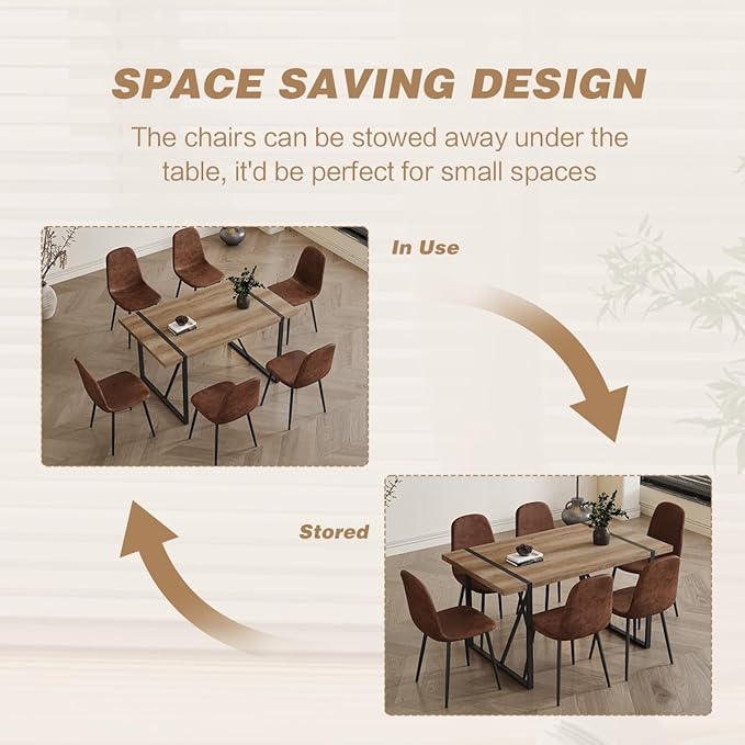 6 Chair Dining Table Set,Dinner Table Set for 6, 55'' Kitchen Table and Suede Nap Fabic Chairs Set of 6, 7 Piece Dining Table Set for Kitchen Dining Room