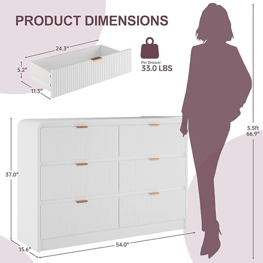 FURSUN Fluted 6 Drawers Dresser for Bedroom, 54" Wide Wooden Dresser with Metal Handle, Curved Profile Design, Modern Storage Organizer for Bedroom, Hallway (White)