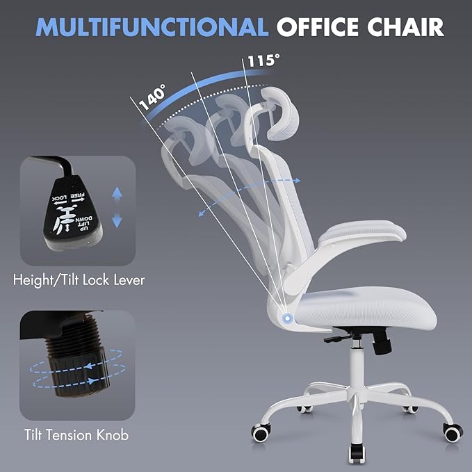 Ergonomic Office Chair with Adjustable Lumbar Support & Headrest, High Back Mesh Desk Chair with Flip-Up Armrests, Breathable & Comfortable Computer Chair for Home, Office & Study –White