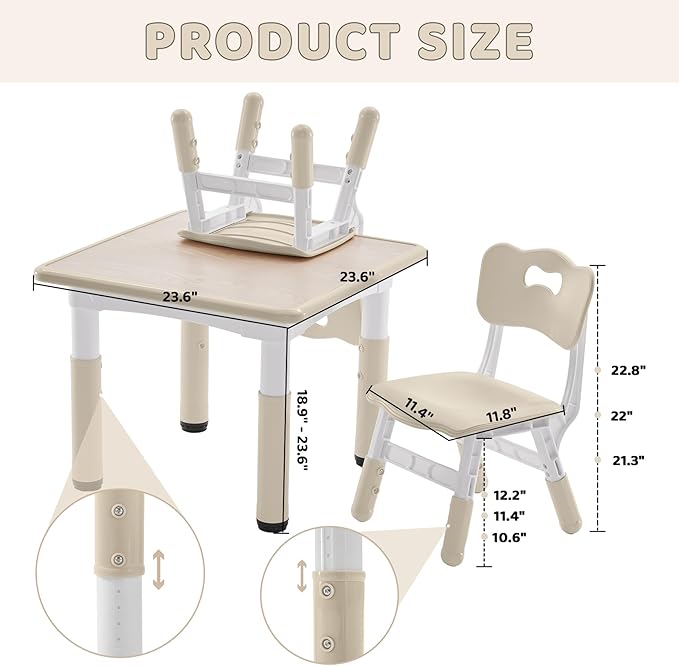 Kids Table and 2 Chairs Set, Height-Adjustable Toddler Table and Chairs Set with Graffiti Desktop, 23.6''L x 23.6''W Children Activity Table for Daycare, Classroom, Home, Burlywood-w