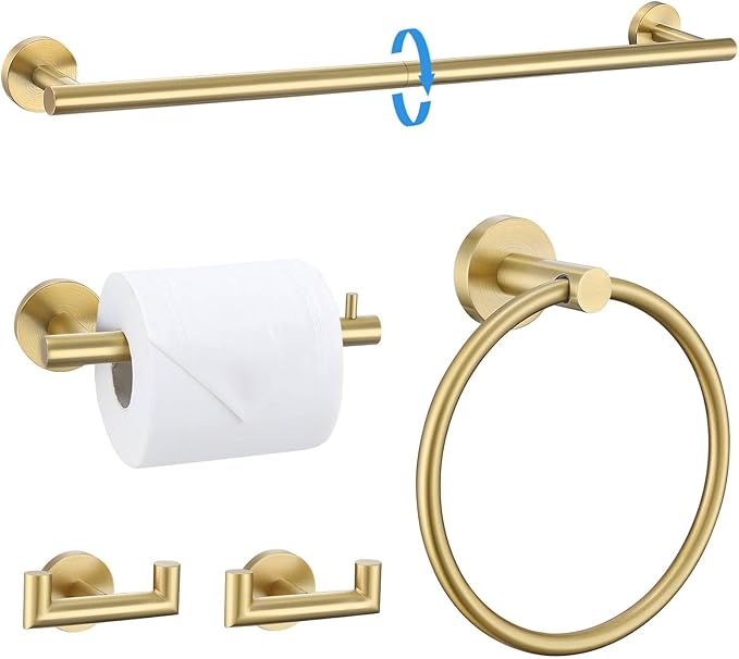 TNOMS 5-Piece Towel Bar Set Brushed Gold Bathroom Hardware Accessories Set Include 23.6in Towel Bar Toilet Paper Holder Towel Ring Upgraded Towel Hooks Towel Holder Set Stainless Steel Wall Mounted