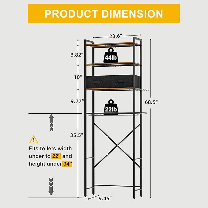 Over Toilet Bathroom Organizer with 2 Storage Cubes, 4-Tier Adjustable Metal Toilet Storage Shelves for Towels, Toilet Paper, Toiletries, Easy Assembly Freestanding Small Space Saver