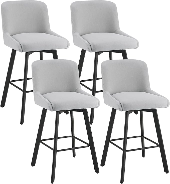 Swivel Bar Stools Set of 4, 30''H Upholstered Barstools with Backs, Modern Counter Height Bar Stool Chairs for Kitchen Island, Metal Legs, Fabric, Light Gray Counter Stools