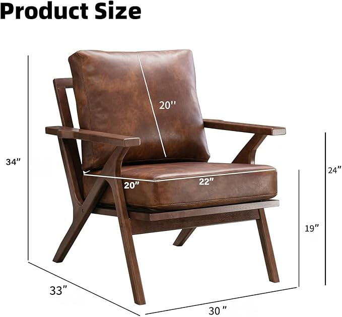 INZOY Mid-Century Modern Accent Chair with Wood Frame, PU Leather Living Room Chair and Soft Thick Padded Armchair for Living Room Bedroom Reception with Removable Upholstered Cushions, Reddish Brown