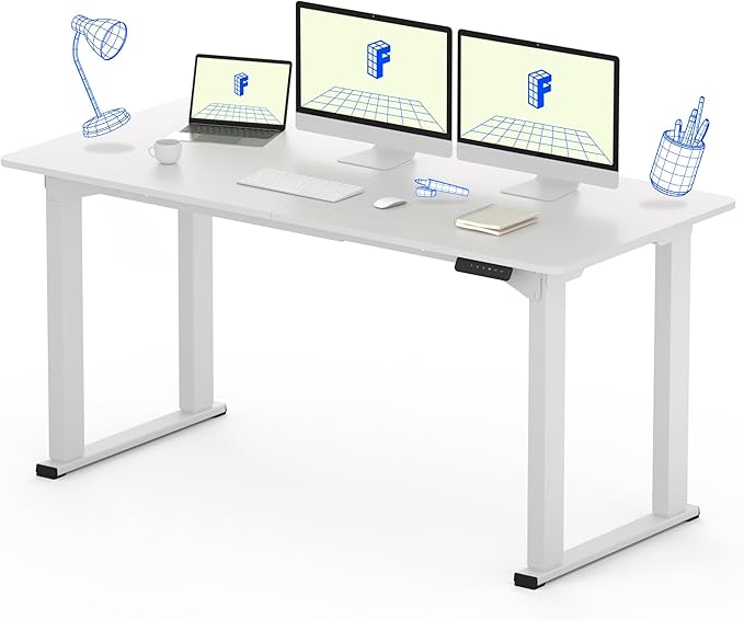 FLEXISPOT 4 Legs Standing Desk 63 x 28 Inch Electric Adjustable Height Desk with Splice Board Home Office Sit Stand Up Desk, White Top + White Frame