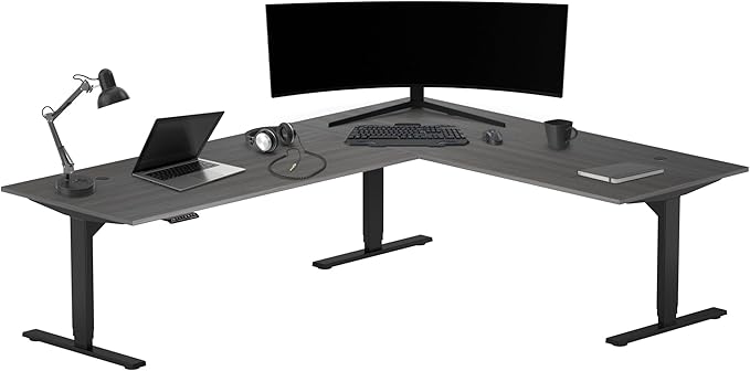 Progressive Desk Stand Up Height Adjustable Standing Desk - L Shaped 85" x 72" Corner Computer Rising Workstation Electric Table - Gray Oak, Black Frame