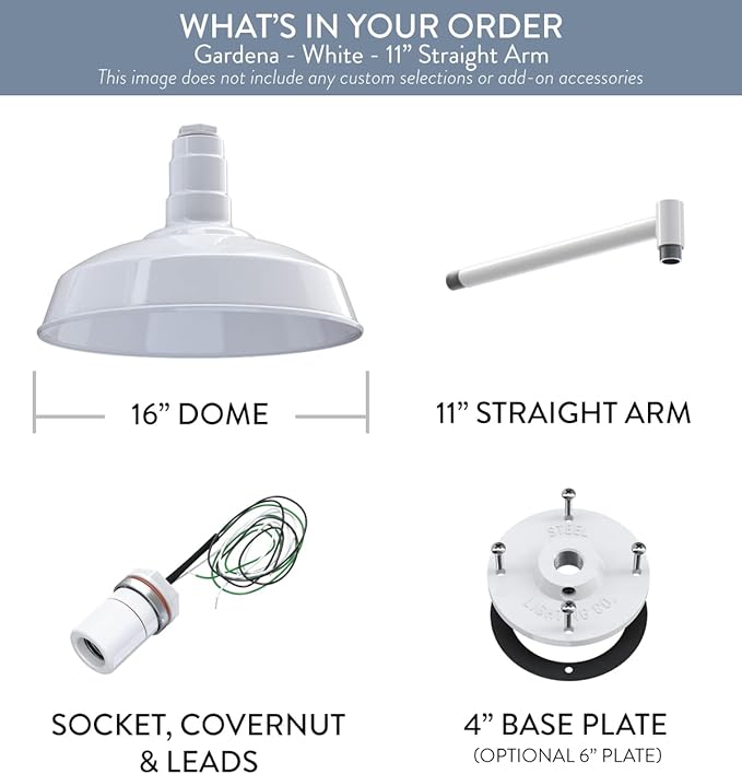 Steel Lighting Co. Gardena Barn Light | Outdoor Wall Mounted | 16" Dome | 11" Straight Arm | Farmhouse Light Made in America | White Exterior/White Interior