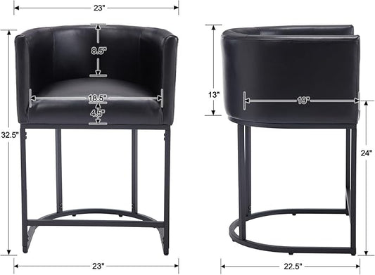 PU Leather Bar Stools, Modern Upholstered Counter Height Bar stools 24" Leather Barstools Barrel Kitchen Counter Island Stools with Black Metal Base, Black