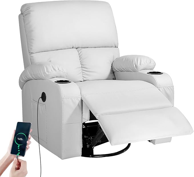 Rocking Recliner Chair, Massage Rocker Recliner Chair with Vibration Massage and Heat, USB and Type-C Ports,360° Swivel Faux Leather Chairs, Living Room, Bedroom, Nursery, RV, Light Grey