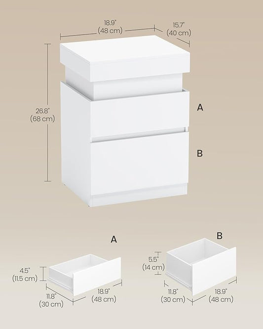 VASAGLE Kailyn Collection - Nightstands with Power Outlets, Sliding Lid, Modern Bedside Tables with LED Lights, End Tables, 2 Drawers, Set of 2, 15.7 x 18.9 x 26.8 Inches, Cloud White ULET650WB01S-2J