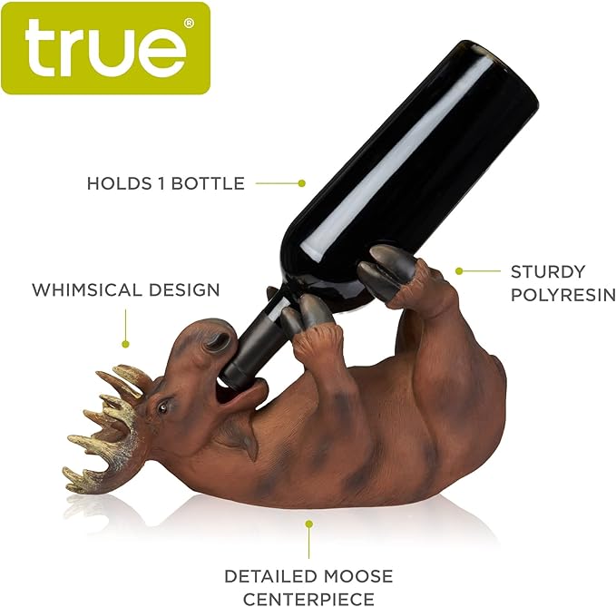 True Mischievous Moose Polyresin Wine Bottle Holder - Tabletop Wine Storage Rack, Gifts for Wine Lovers, Brown, Holds 1 Standard Wine Bottle