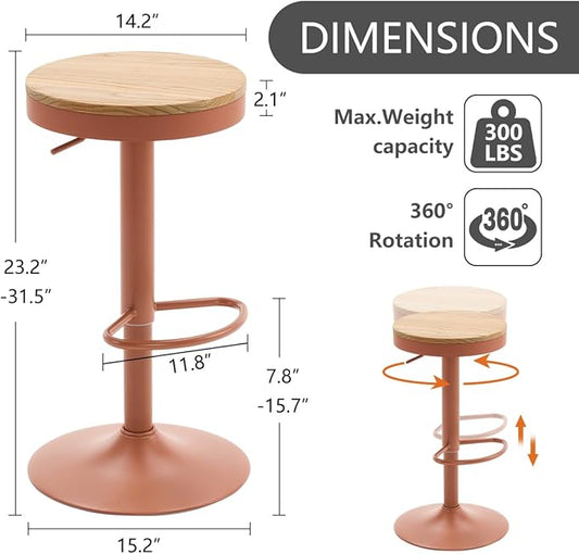 Kidol & Shellder Bar Stools Set of 2 Round Adjustable Swivel Barstools Modern Backless Bar Chairs Wooden Seat Counter Height Stools Armless for Kitchen Island, Cafe, Dining Room Terracotta