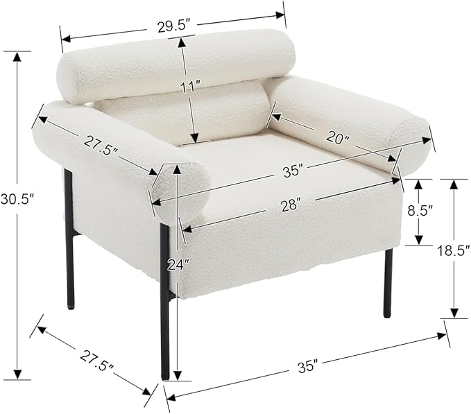 Modern Accent Chair, Boucle Sofa Accent Chair for Living Room, Upholstered Sherpa Mid-Century Modern Armchair, Oversized Reading Chair with Channel Tufted for Bedroom, Office, White