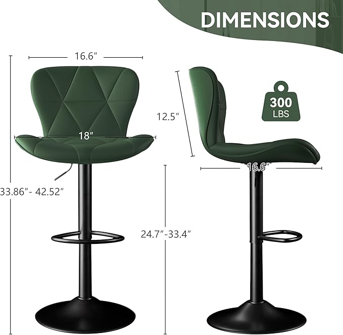 Bar Stools Set of 6,Adjustable Swivel Barstools, Faux Leather Bar Chairs,Upholstered Counter Height with High Backrest for Kitchen Island, Green