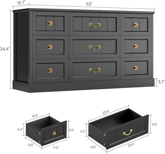 AOGLLATI Farmhouse 9 Drawers Dresser for Bedroom, 63" Wide Wood Rustic Chest of Drawers with Natural Texture, Vintage Design, Long Wide Storage Dresser for Bedroom, Black