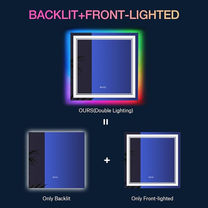 38x38 Inch RGB LED Bathroom Mirror with Lights, Color Changing RGB Backlit LED Mirror for Bathroom,Lighted Vanity Mirrors for Bathroom Wall, Dimmable, Anti-Fog (RGB Backlit+Front-Lit)