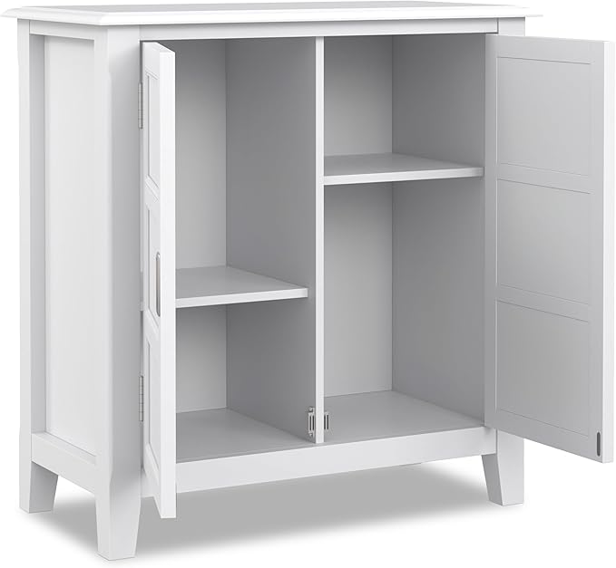 SIMPLIHOME Burlington SOLID WOOD 30 inch Wide Transitional Low Storage Cabinet in White for the Living Room, Entryway and Family Room