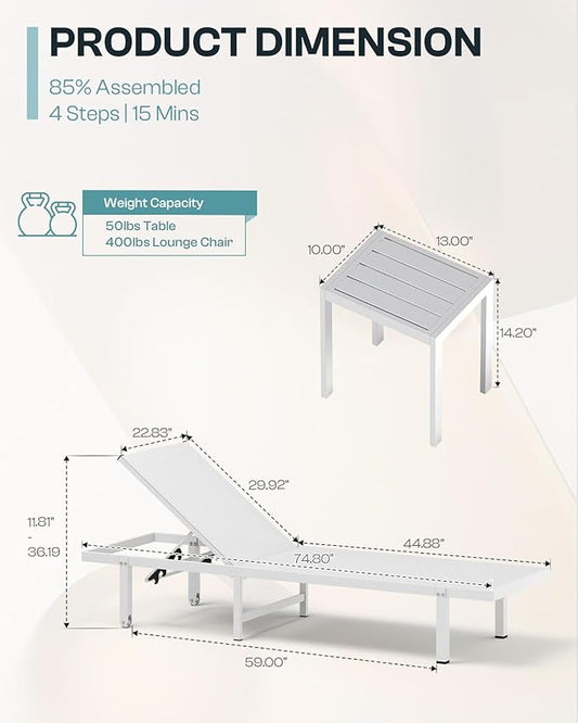 Pool Lounge Chairs Set of 2,Outdoor Lounge Chairs with Wheels and 5-Position Recliner -Easy to Move- Aluminum Patio Lounge Chair for Poolside, Deck (White)
