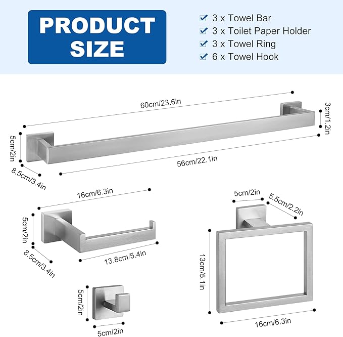 Cilee 15-Pieces Bathroom Hardware Set - Brushed Nickel Bathroom Accessories, 24 Inch Towel Bar, Square Towel Ring, Toilet Paper Holder, Towel Hook, Wall-Mounted Stainless Steel Towel Bar Rack Set