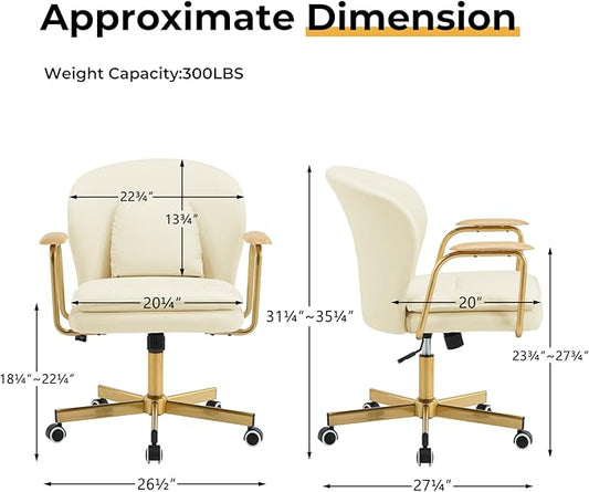 Furniliving Leather Home Office Desk Chairs,Comfy Office Chair, Adjustable Swivel Computer Chair with Golden Legs and Wooden Padded Armrest, Modern Upholstered Task Chair with Wheels,Beige