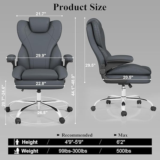 Office Desk Chair, Executive Leather Office Chair, High Back Ergonomic Home Desk Chair with Padded Flip-up Arms, Big and Tall Computer Chair with Rocking Function, 360°Swivel Free, Gray