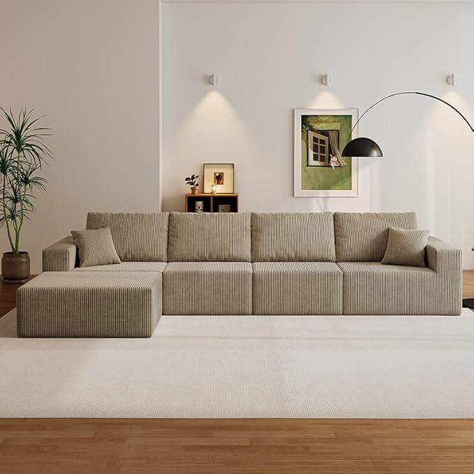139" Boneless Cloud Sectional Couch for Living Room, Compressed Modular L-Shaped Sofa with Deep Seat, Frameless Corduroy Couch in Boxes, No Assembly Required 4-Seater (Left-Facing Chaise, Grey)