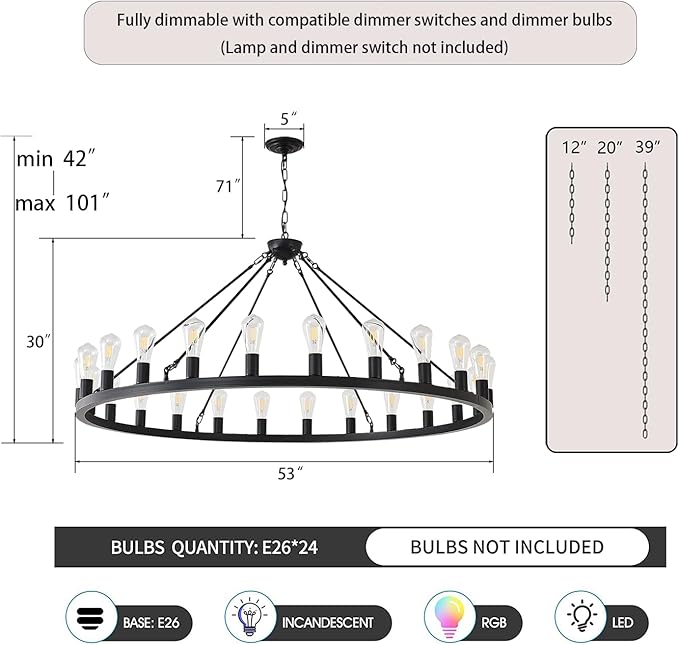 53” Large Farmhouse Wagon Wheel Chandelier,Black Rustic Chandelier 24-Lights,Round Dining Room Light with Adjustable Height,Industrial Ceiling Light Fixtures for Kitchen,Foyer,Porch,Living room