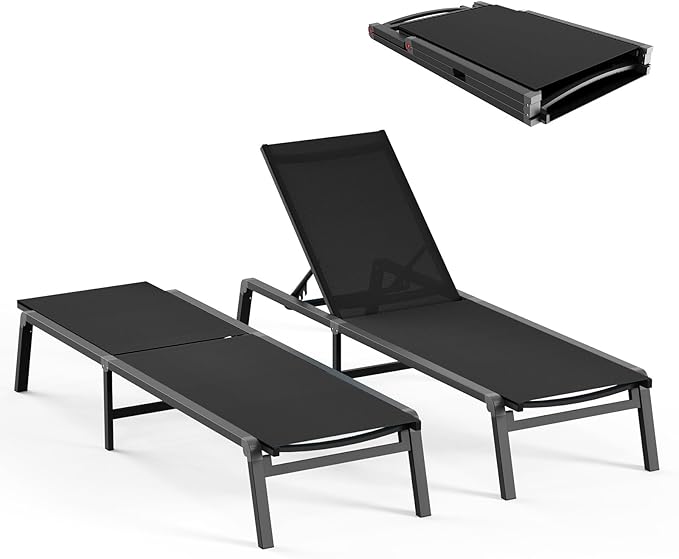 Patio Chaise Lounge Chair, Foldable Lounge Chair for Outside, Aluminum Chairs Set of 2 with 5 Adjustable Backrest, Outdoor Pool Lounger for Poolside, Lawn, Deck, Black