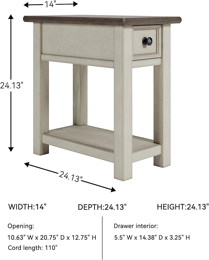 Signature Design by Ashley Bolanburg | Farmhouse Chair-Side End Table – USB Charging Ports, Drawer, Two-Tone Light Brown & Whitewash