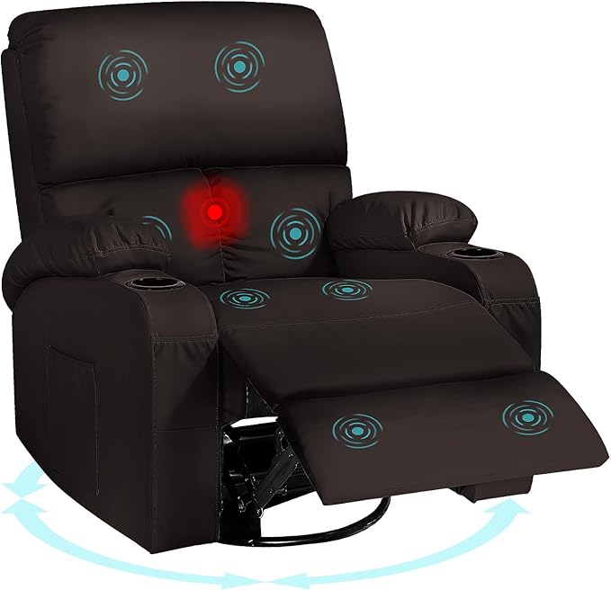 Rocking Recliner Chair, Massage Rocker Recliner Chair with Vibration Massage and Heat,360° Swivel Recliner Chairs, Living Room, Bedroom, Nursery, RV, Brown