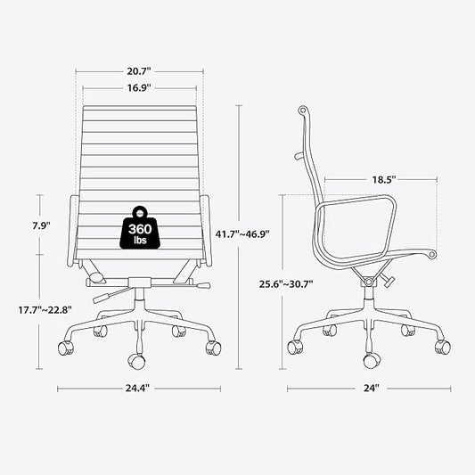 High Back Genuine Leather Ribbed Office Chair-Ergonomic Desk Chair with Aluminum Alloy Armrest & Frame, Swivel Silent Wheels & Tilt Function, Adjustable Height