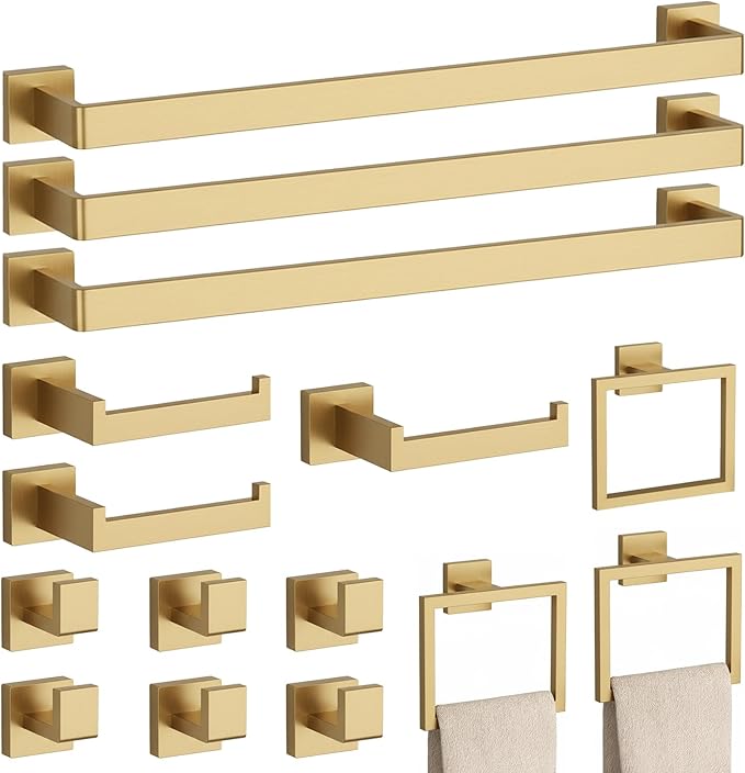 15-Piece Brushed Gold Bathroom Accessories Set – 23.6" Towel Bar, Towel Ring, Toilet Paper Holder & Hooks, Wall Mounted Bathroom Hardware, Rust & Corrosion-Resistant, Ideal for Modern Bathrooms
