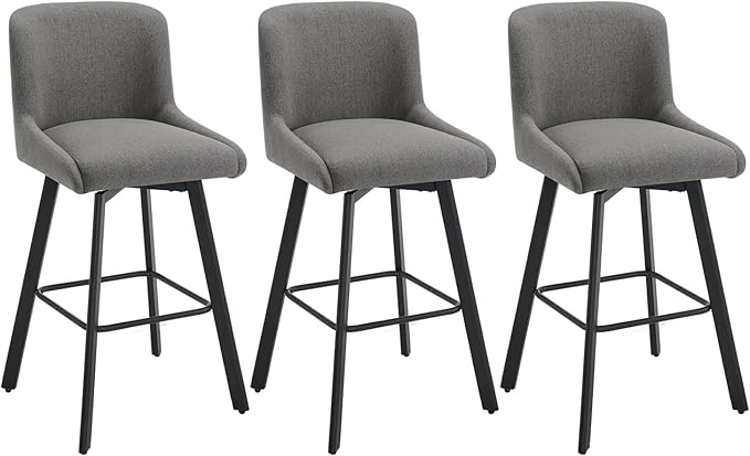 Swivel Bar Stools Set of 3, 30''H Upholstered Barstools with Backs, Modern Counter Height Bar Stool Chairs for Kitchen Island, Metal Legs, Fabric, Gray Counter Stools
