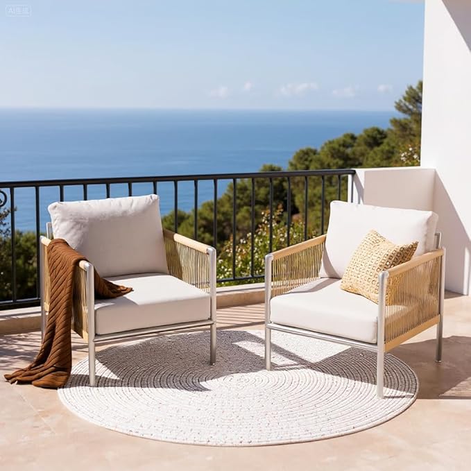 ZANDOR Aluminum Outdoor Patio Furniture 2 Pcs Armchair, All-Weather Metal Modern Outside Furniture with Washable Thick Cushion, HDPE Woven Rope Rattan Bistro Sofa Chair, Garden/Backyard/Porch, Silver