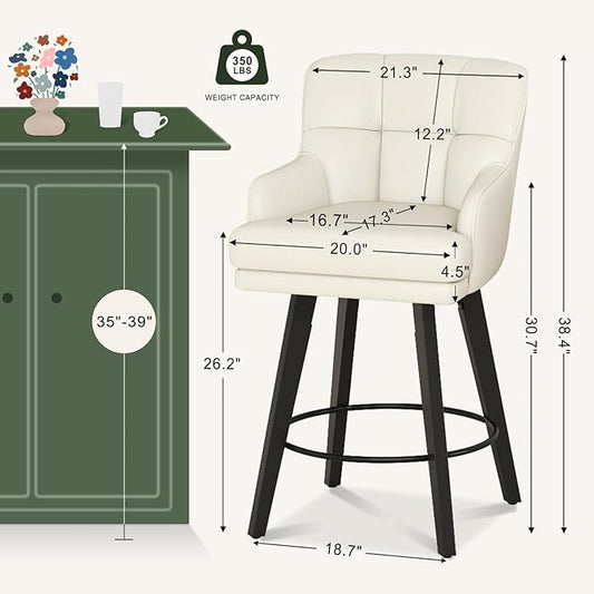 360°Swivel Counter Height Bar Stools with Back, 26 inch Solid Wood Legs, Bar Stool Modern Kitchen Island Chairs, Faux Leather (Beige- Faux Leather, 26" H- Set of 2)