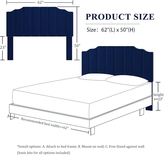 Queen Size Headboard Only, Velvet Wall Mounted Headboard Queen/Full Size for Adjustable Bed, Modern Vertical Channel Design with Curved Upholstered Head Board, Royal Blue
