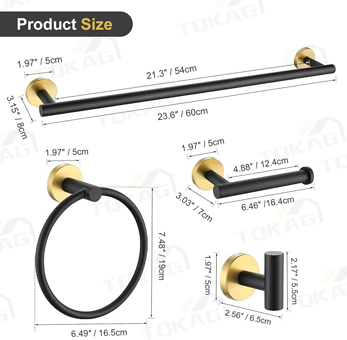 TQKAG Black and Gold Bathroom Hardware Accessories Set 10-Pieces, Premium SUS304 Stainless Steel Bathroom Towel Bar Holder Set 23.6 Inch Round Towel Racks for Bathroom Wall Mounted